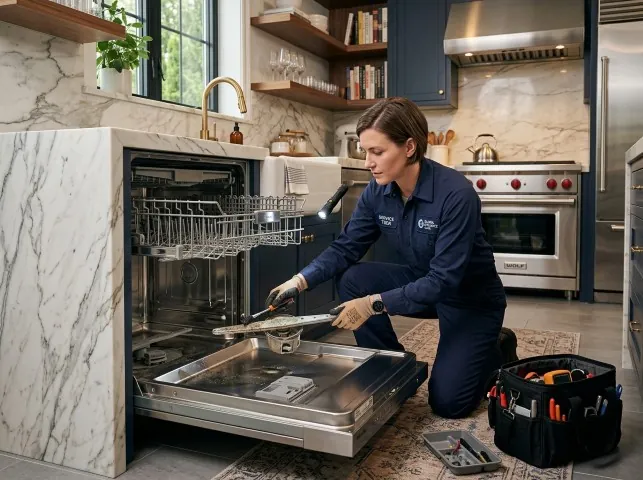 Appliance Repair Hero technician servicing a built-in dishwasher in a Belmont, NC kitchen
