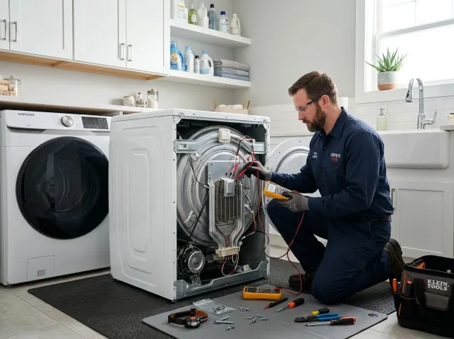 Appliance Repair Hero technician checking a dryer heating element with the rear panel off in Belmont, NC