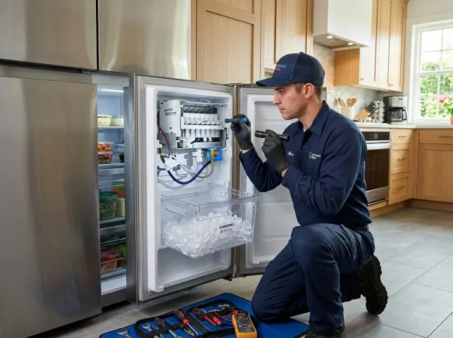 Appliance Repair Hero technician repairing a refrigerator ice maker in Belmont, NC