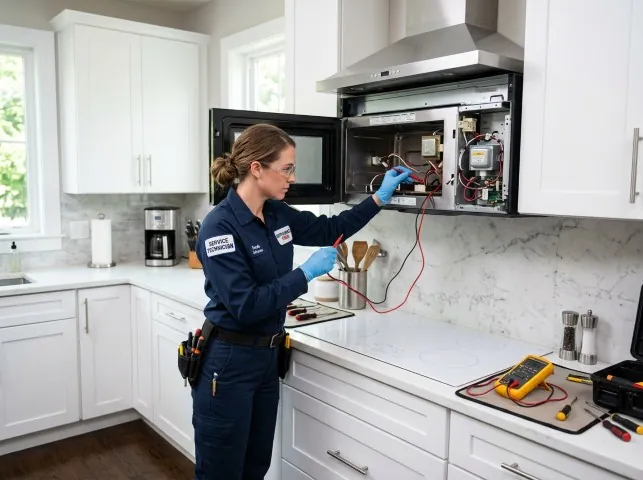 Appliance Repair Hero technician testing an over-the-range microwave in a Belmont, NC kitchen