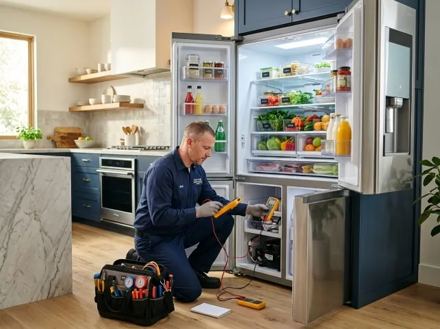 Appliance Repair Hero refrigerator technician testing a fridge on a Belmont, NC service call
