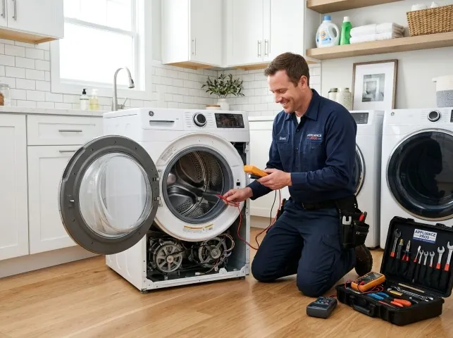 Appliance Repair Hero technician testing a front-load washer with a multimeter on a Belmont, NC service call